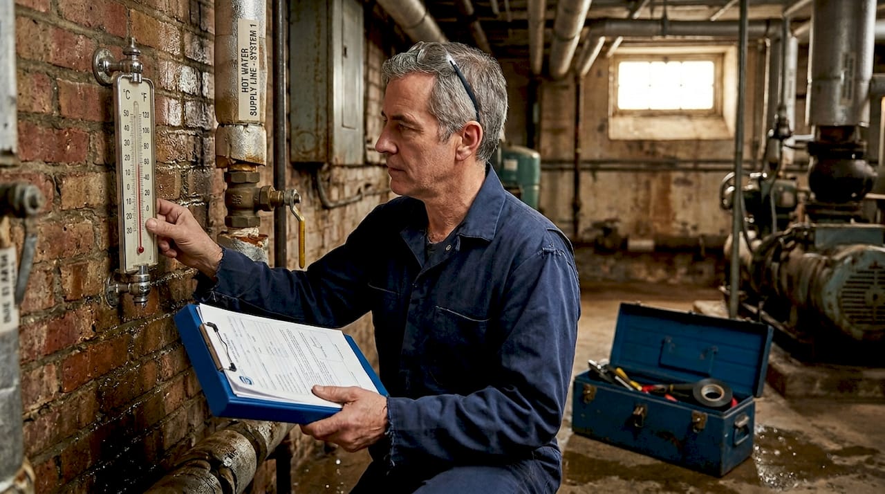 Engineer checks hot water pipe for safety