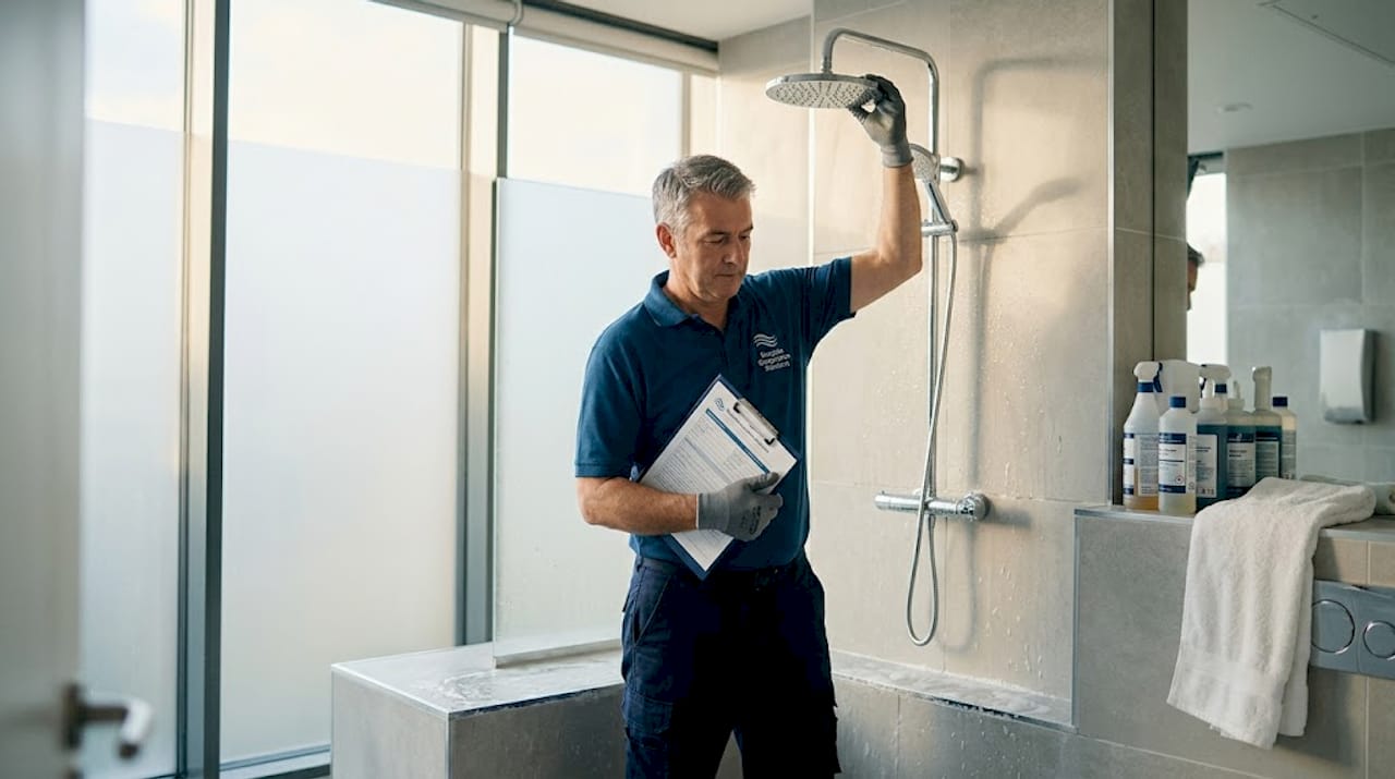 Facility manager inspecting shower fixture