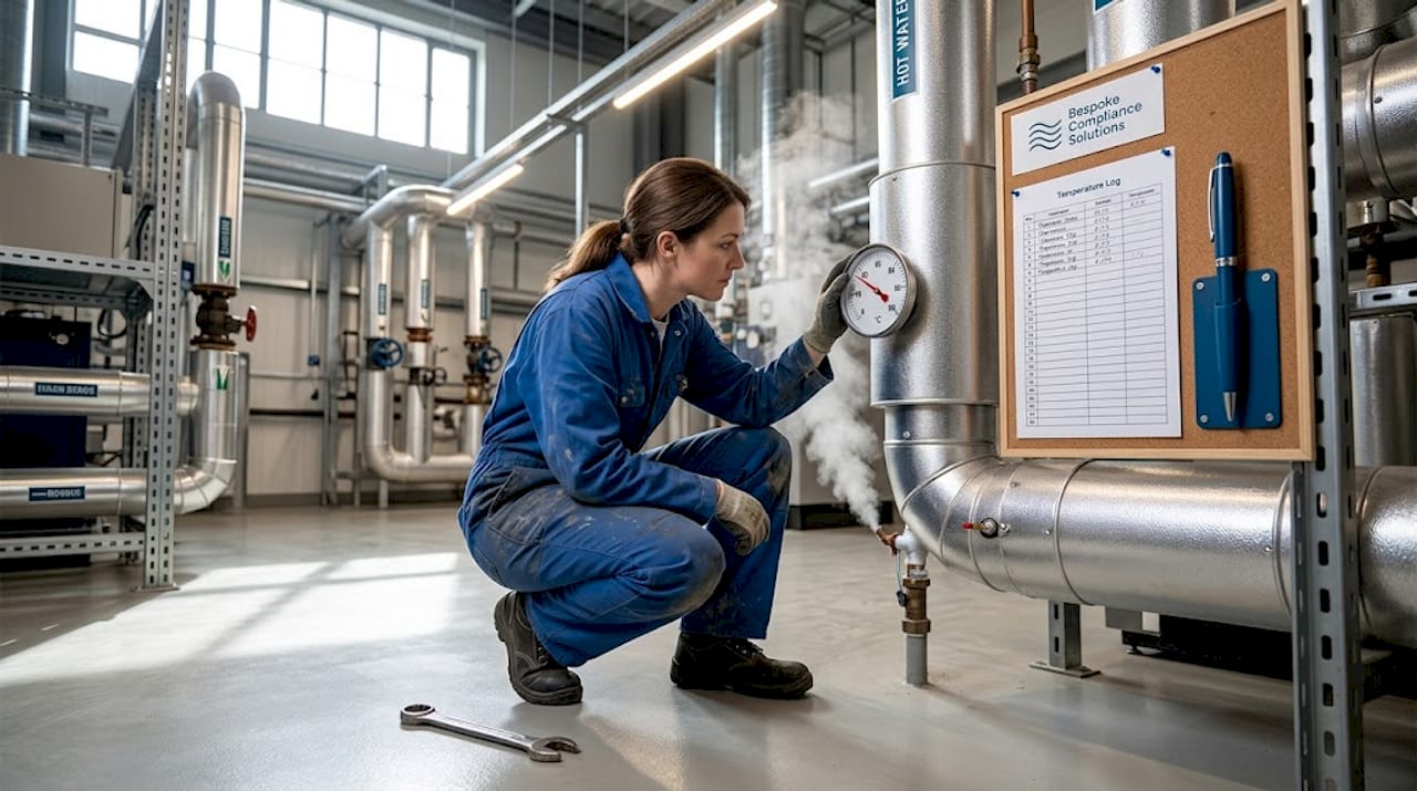 Engineer checking hot water temperature in plant room