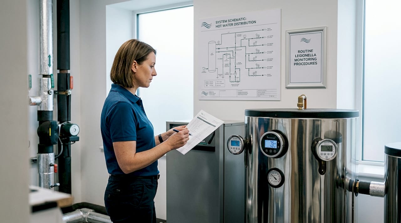 Hospital staff checking water system schematic