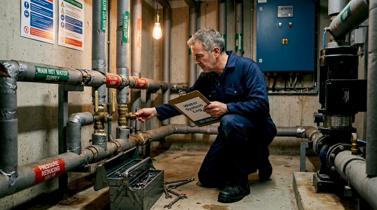 Hotel maintenance inspecting basement water pipes