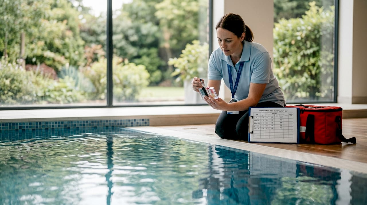 Manager testing water at hydrotherapy pool edge