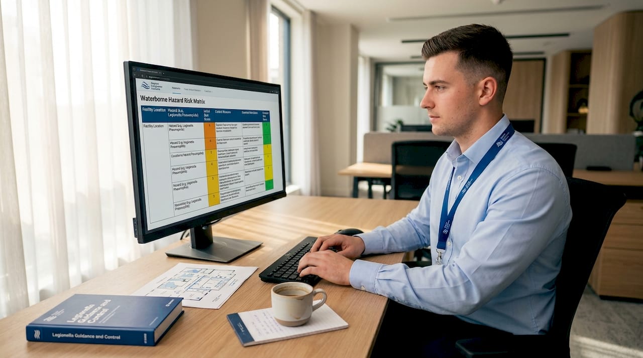Compliance officer scoring Legionella risks at desk