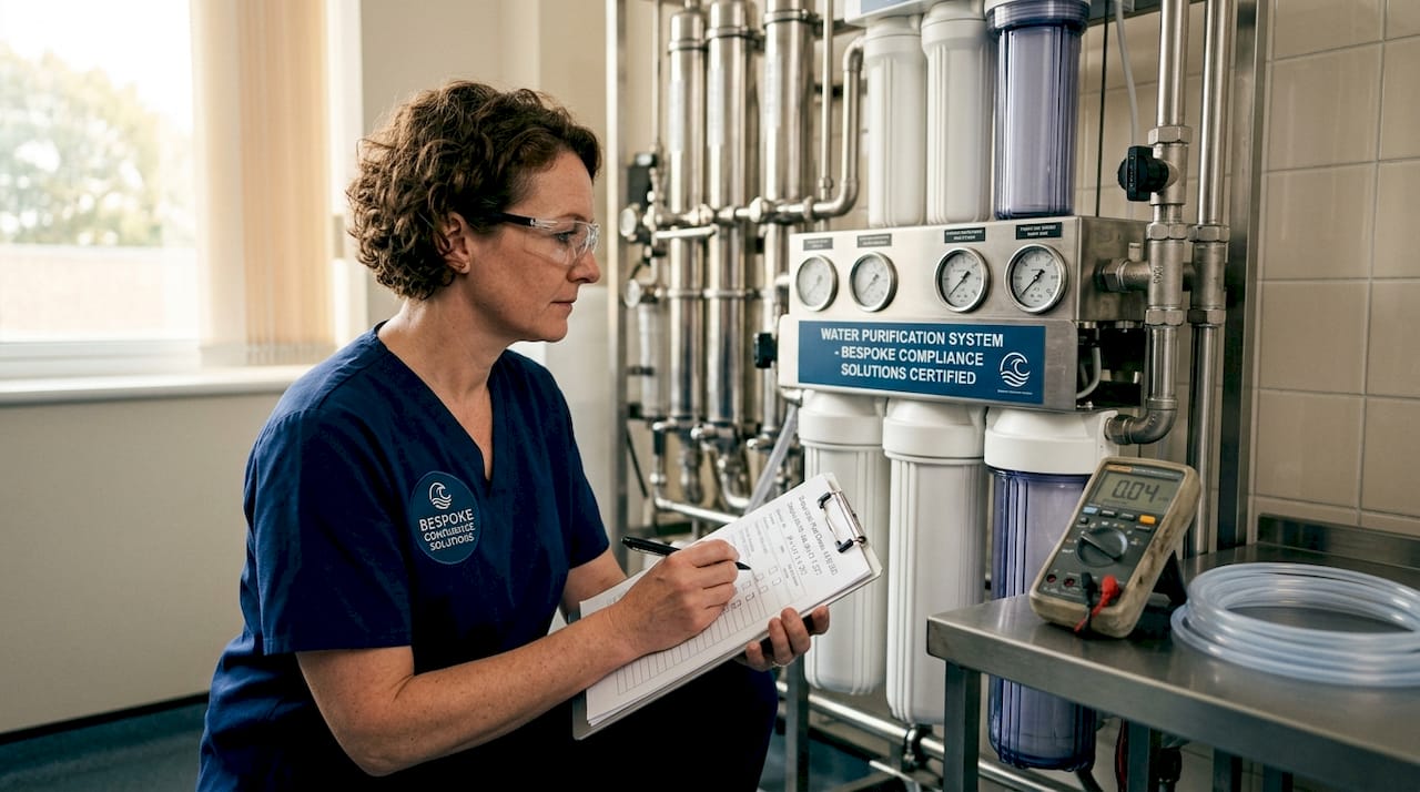 Dialysis technician inspecting water purification system