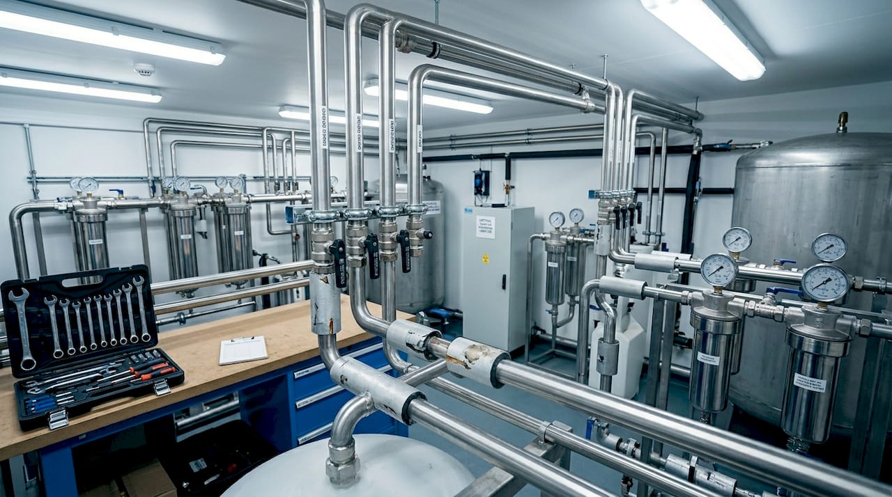 Detailed dialysis water system plumbing network
