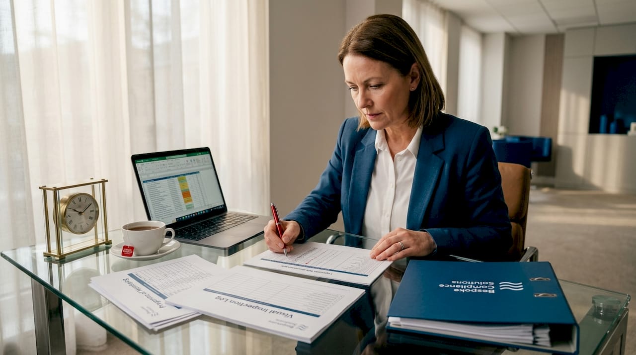 Compliance officer reviewing legionella documents at desk