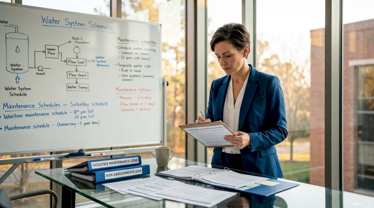 Facilities manager reviewing Legionella checklist in office