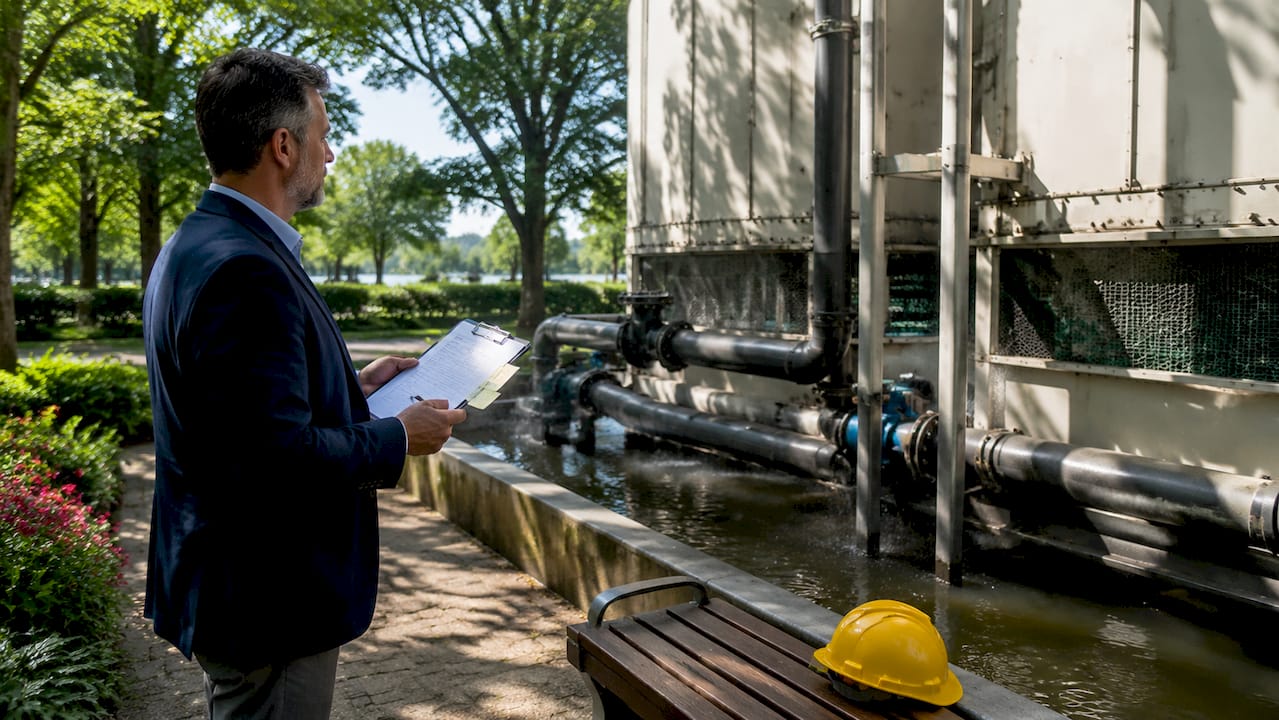 Facility manager inspecting cooling tower