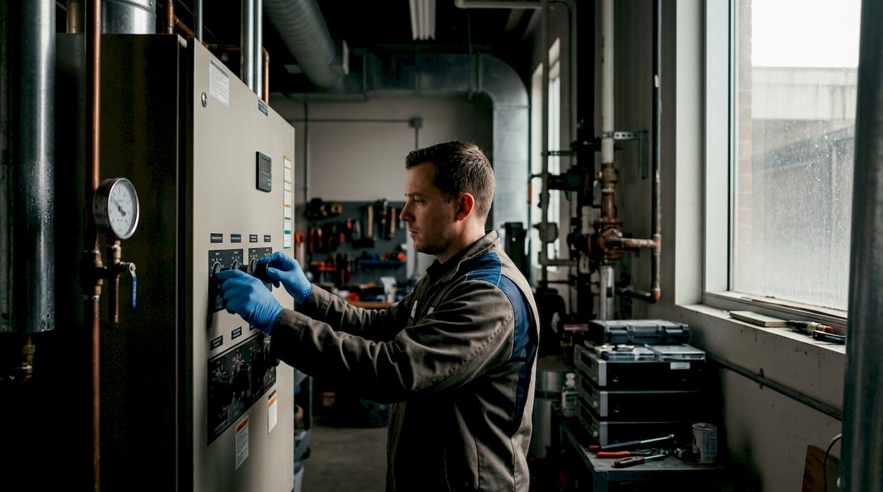 Technician adjusting temperature control panel