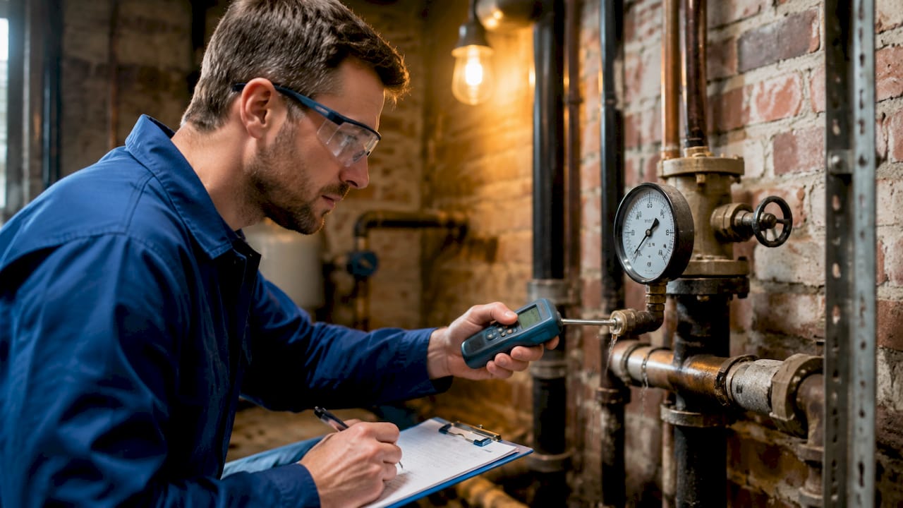 Engineer measuring water temperature at outlet