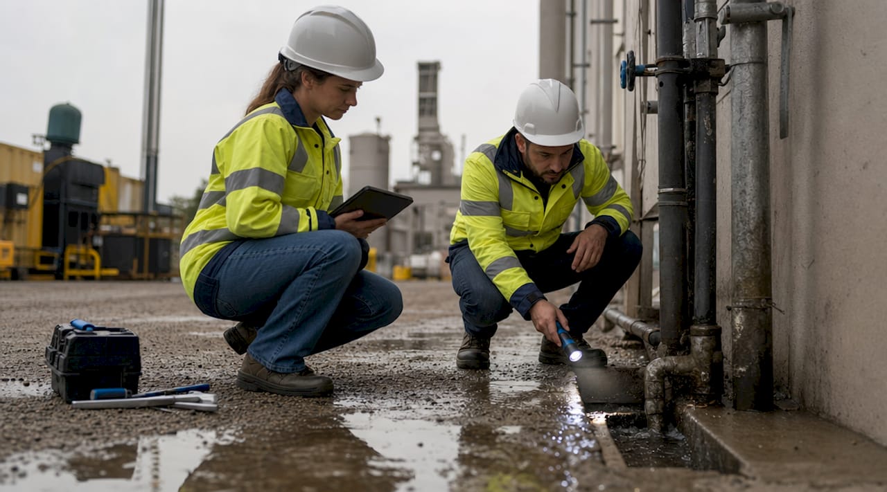 Facility engineers auditing water hazard site