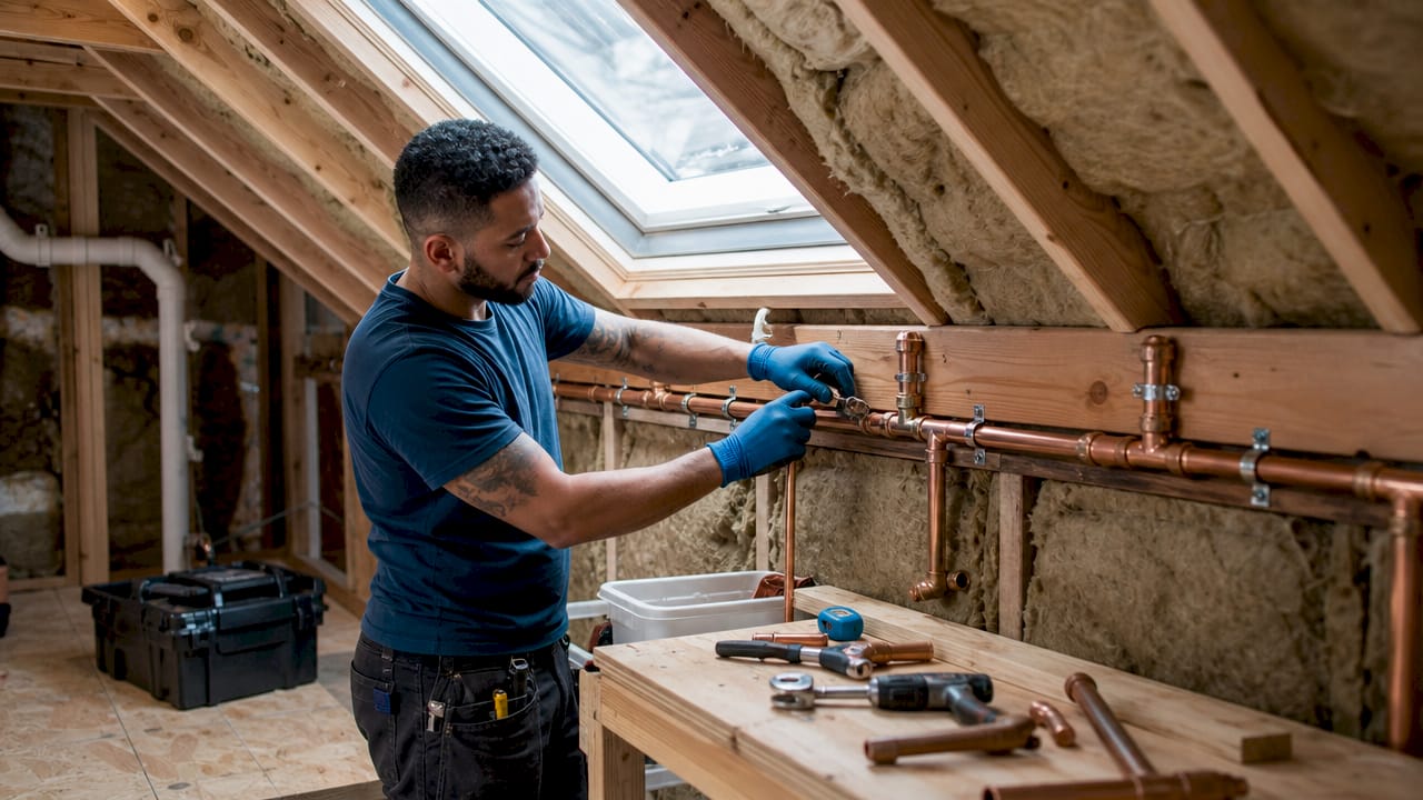 Hands installing short copper pipe in housing utility cupboard