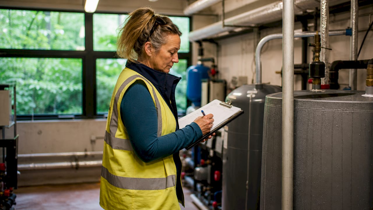 Building inspector assessing water system in social housing