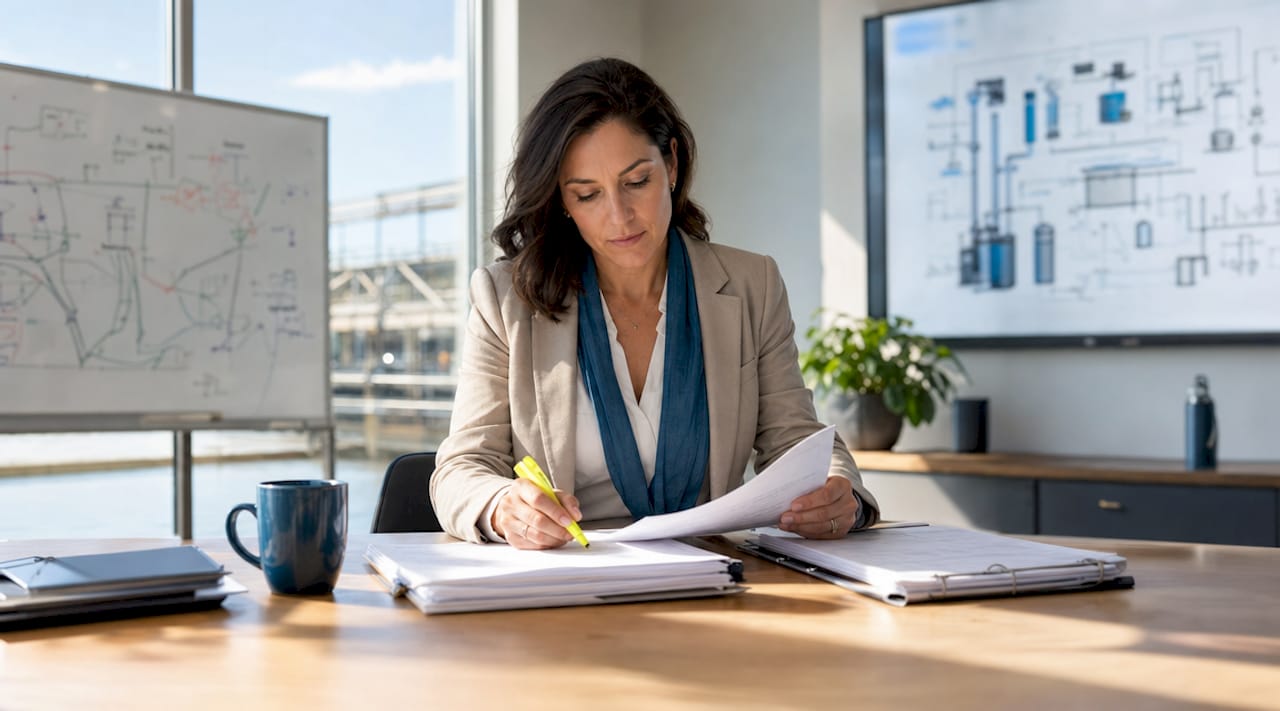 Compliance manager reviewing water hygiene documents