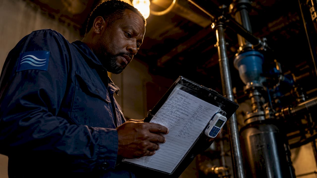 Technician logging water hygiene monitoring data
