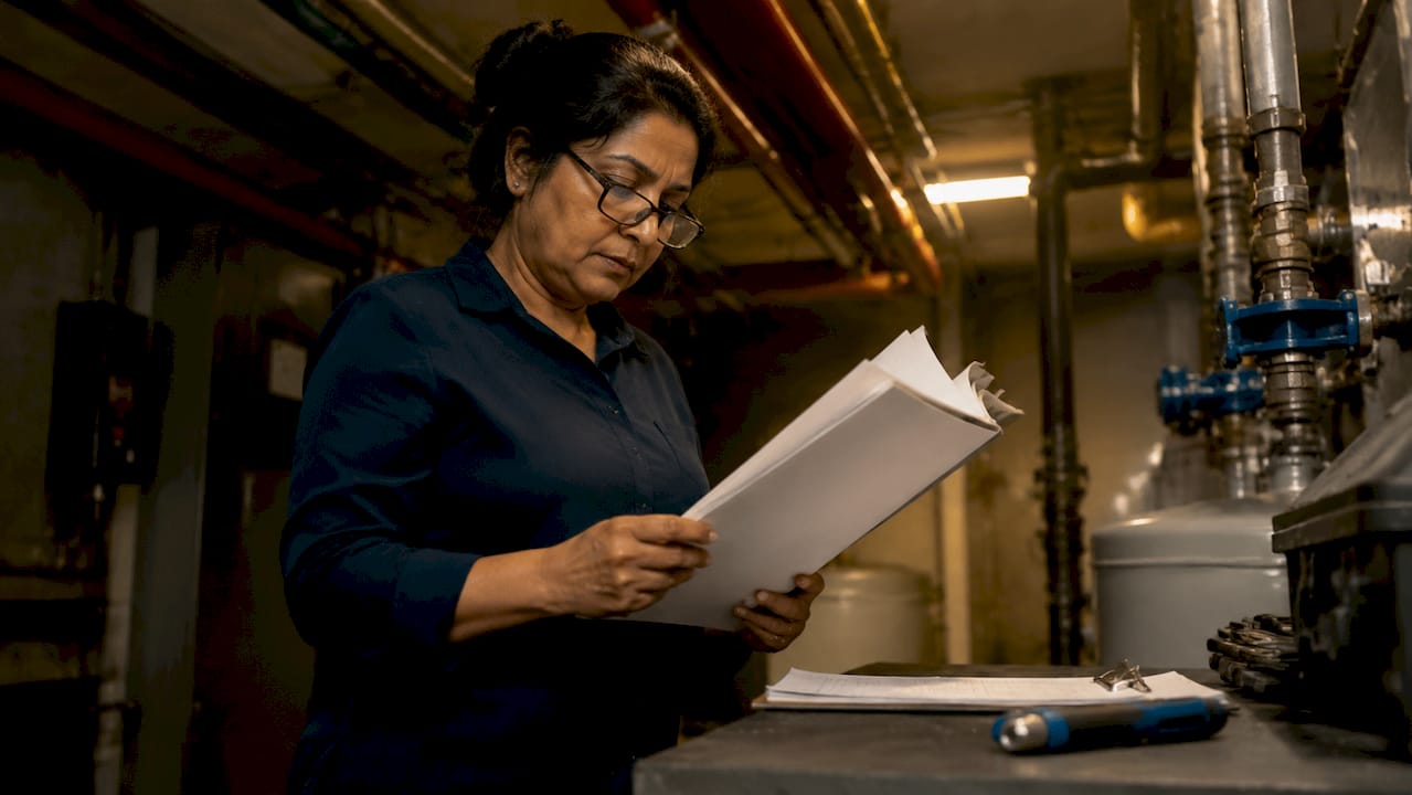 Compliance officer reviewing water hygiene risk register
