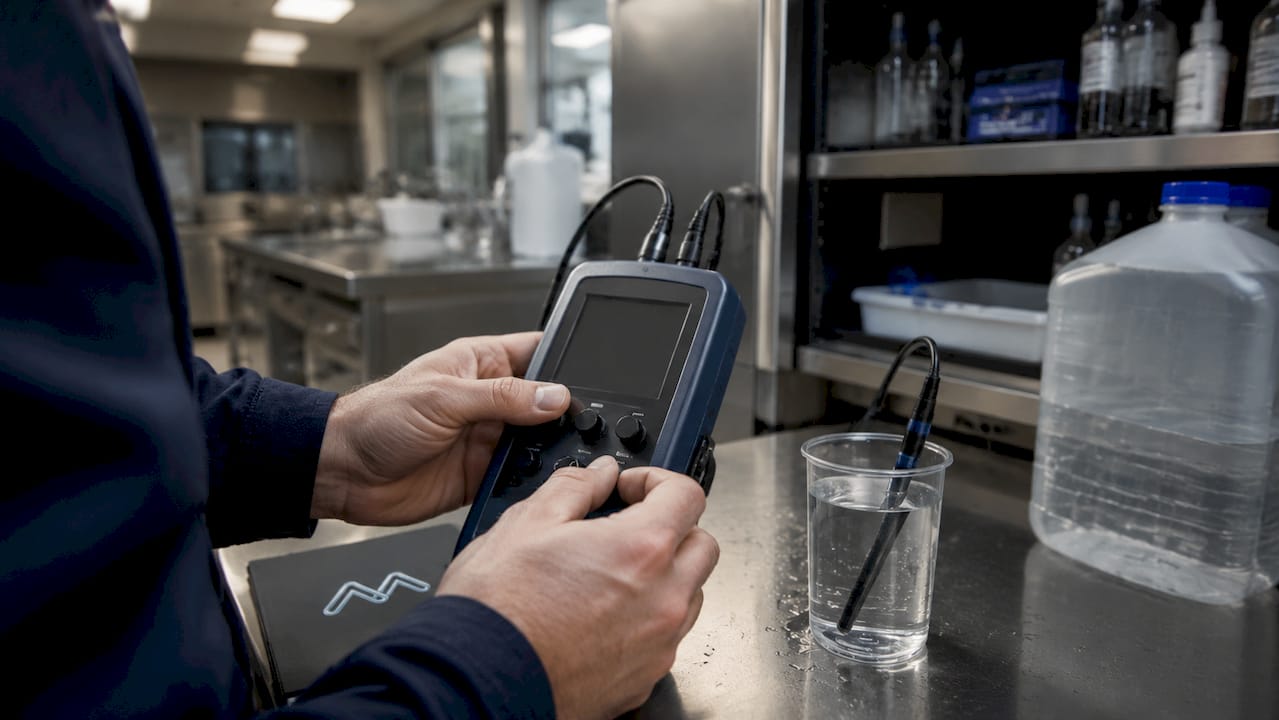 Technician interacting with digital compliance tracker device