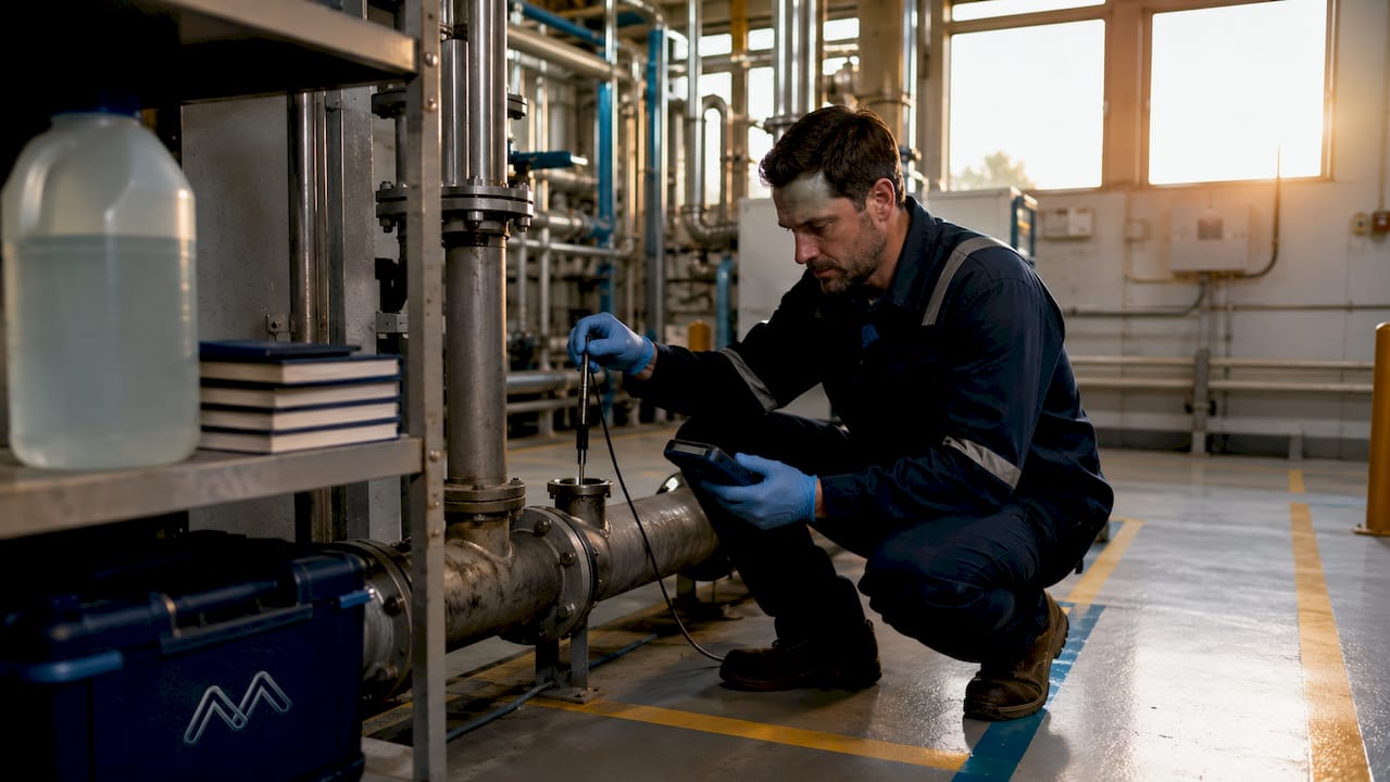 Technician testing water quality in mechanical room