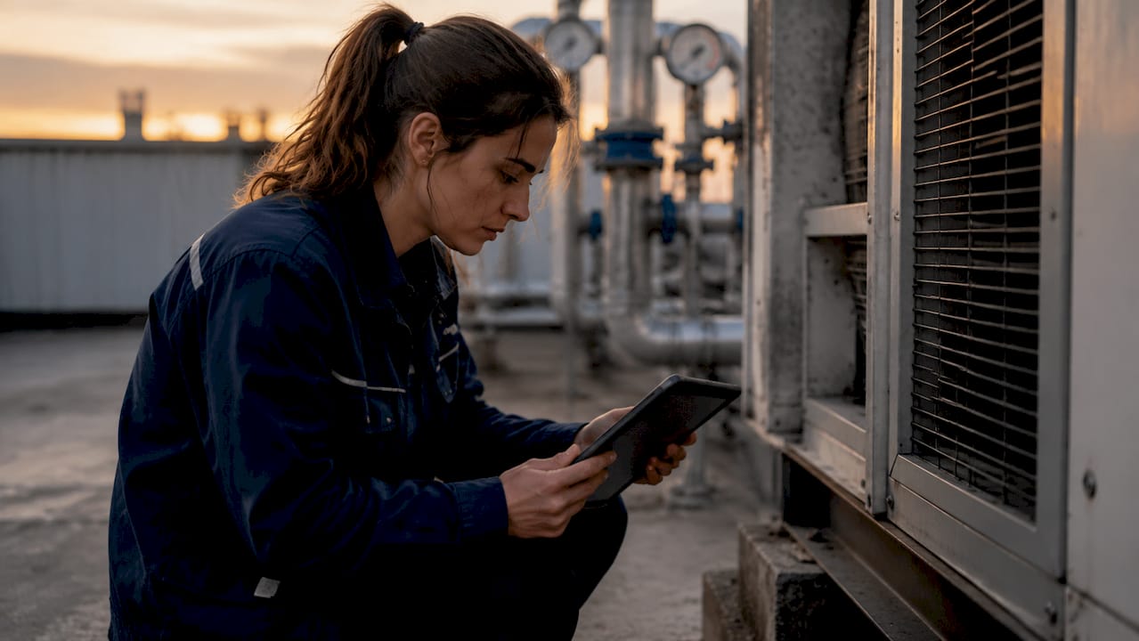 Engineer using tablet near HVAC system outdoors