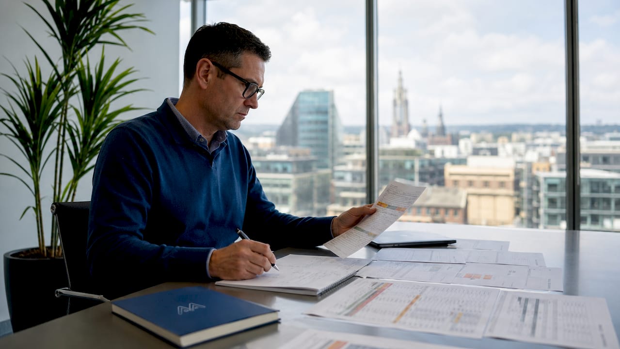 Facilities manager reviewing building risk profile documents