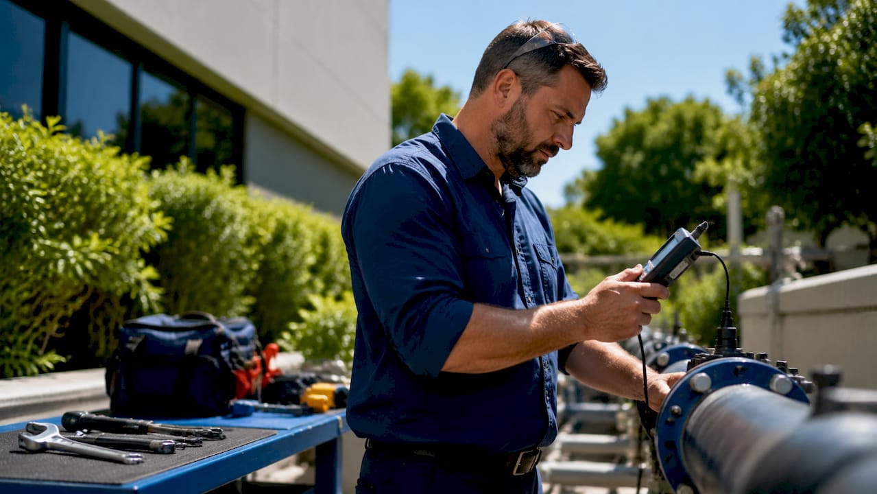 Facilities manager inspecting water pipe temperature