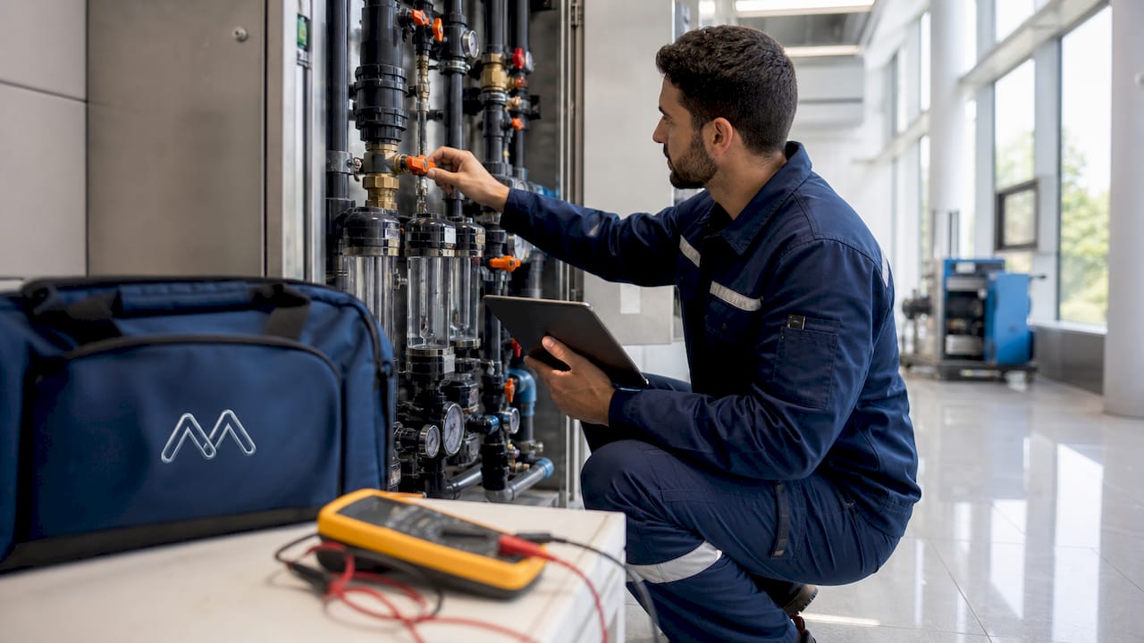 Hospital technician adjusting water system controls