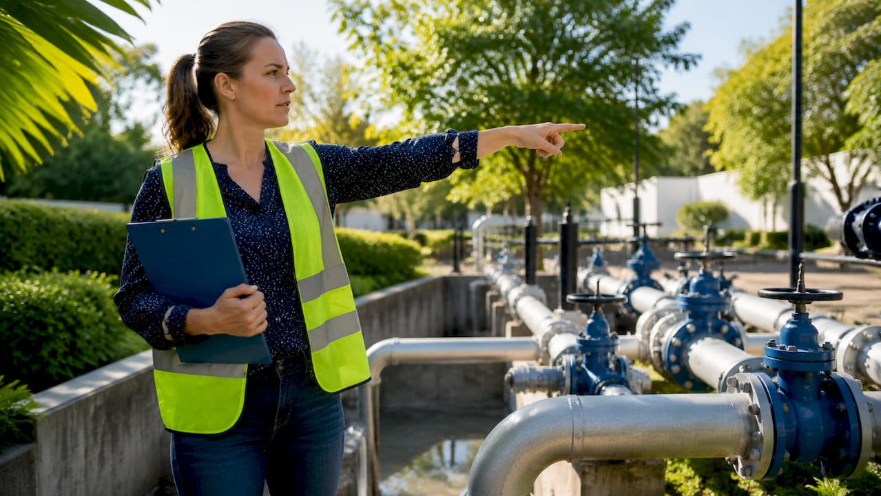 Estate manager inspecting water plant for legionella