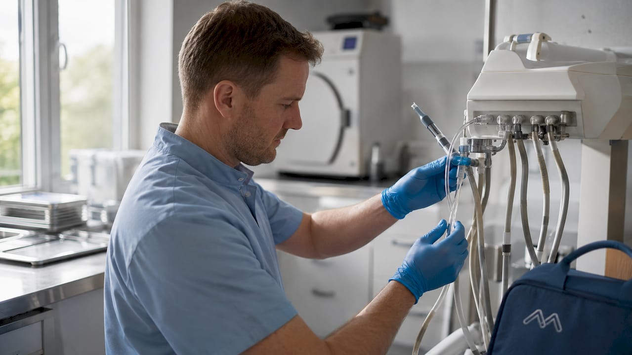 Dental professional inspecting waterline tubing