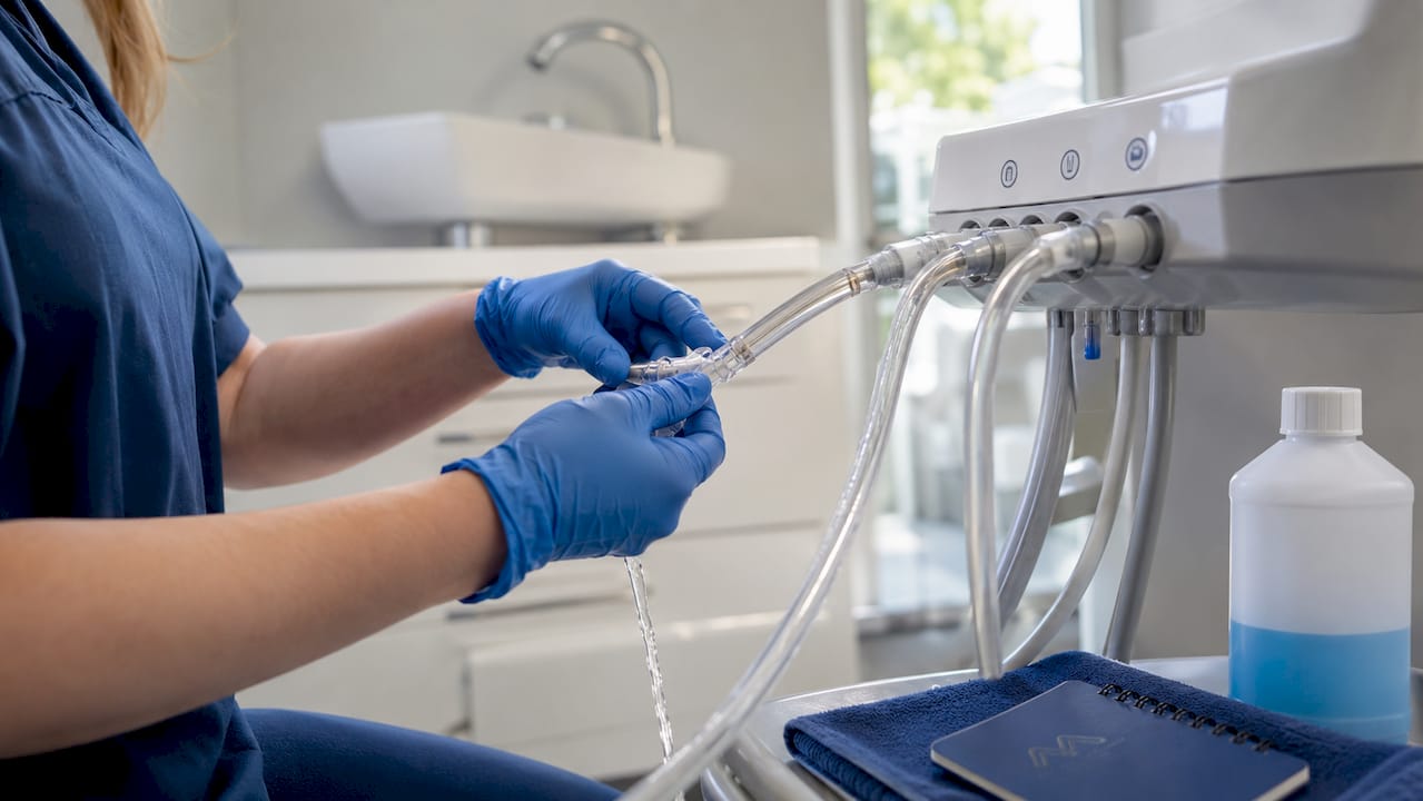Close-up of dental hygienist flushing waterlines