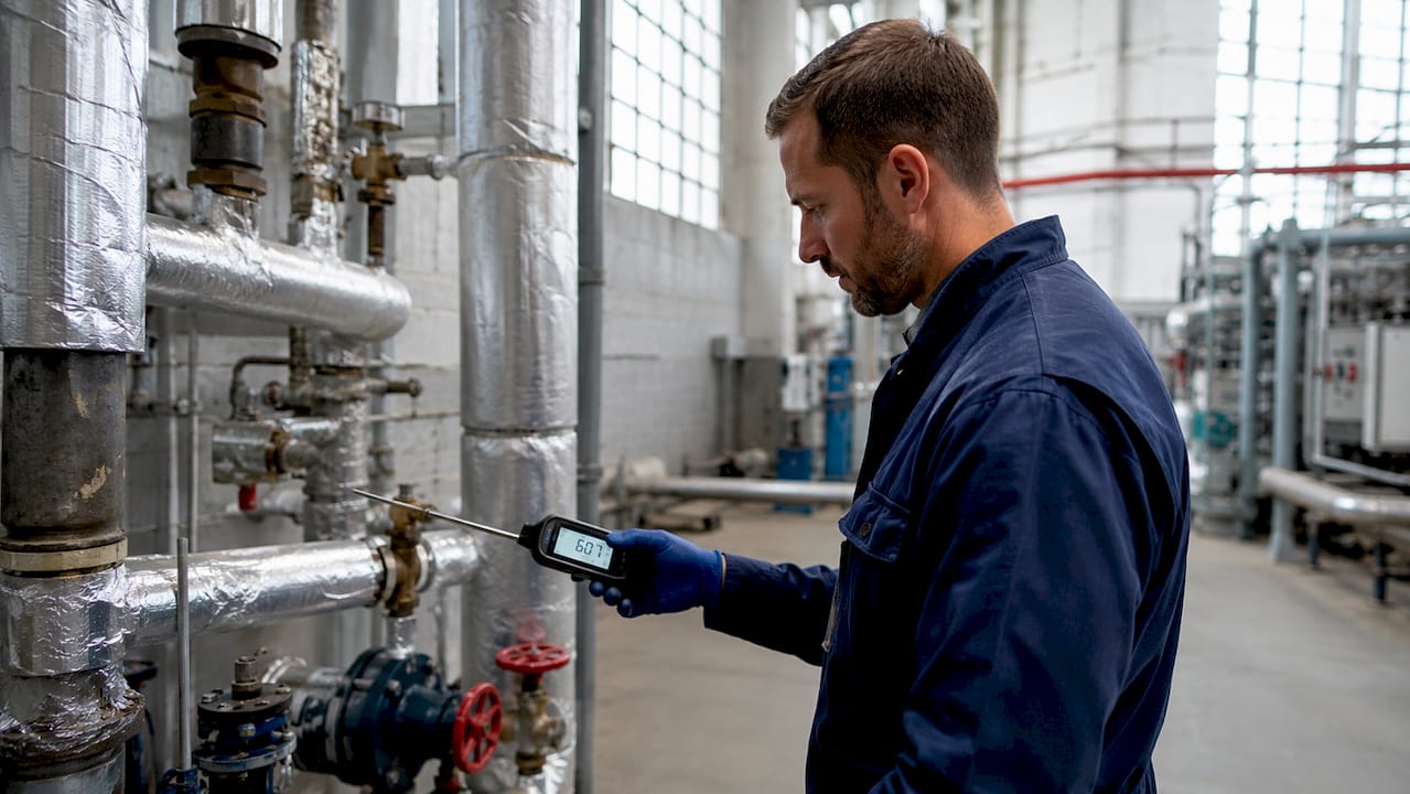 Hands checking hot water temperature on pipes