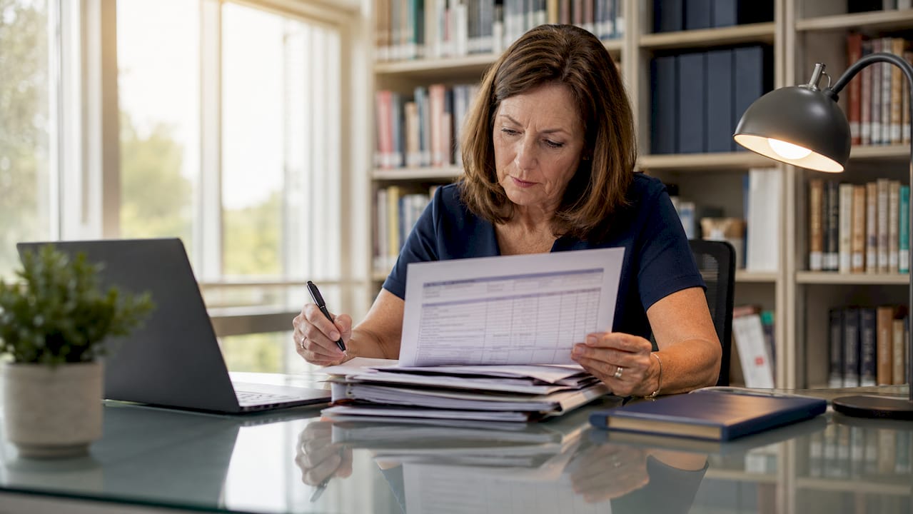 Bursar reviewing compliance paperwork at desk