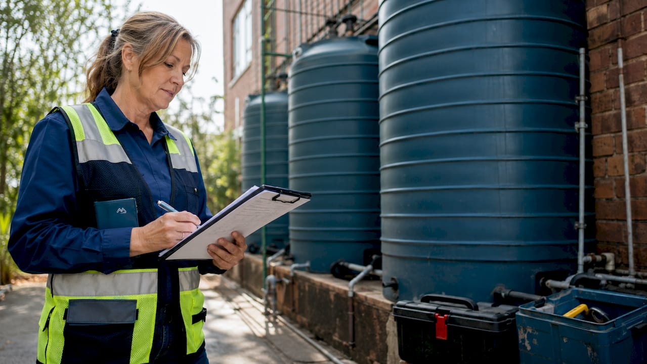 Water hygiene auditor checking building plant room