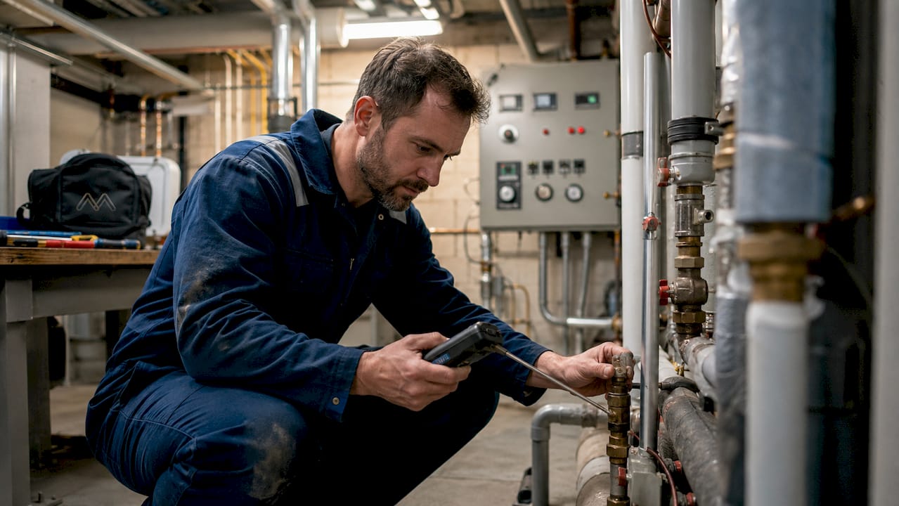 Technician measuring temperature on water pipe