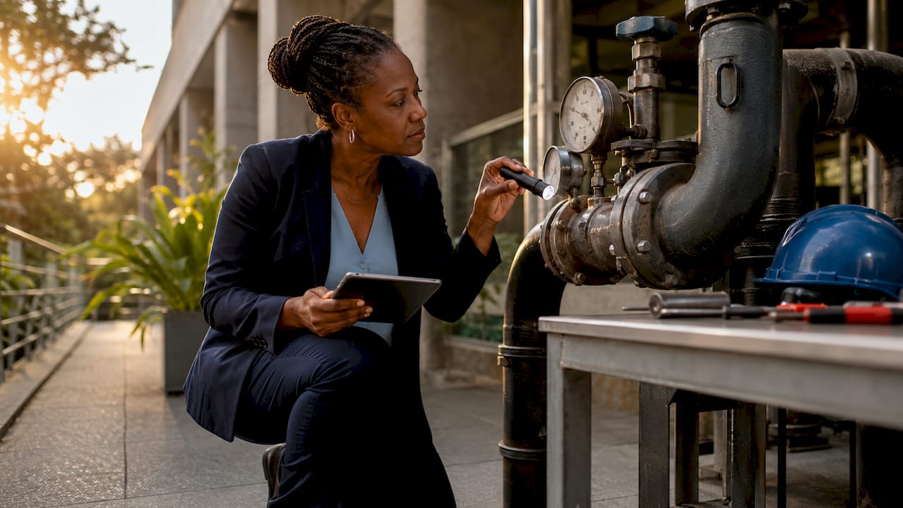 Facility manager inspecting water pipes in mechanical room