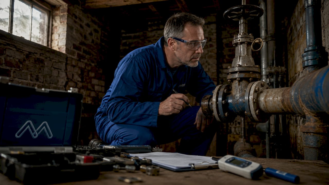 Water inspector examining communal water system pipes