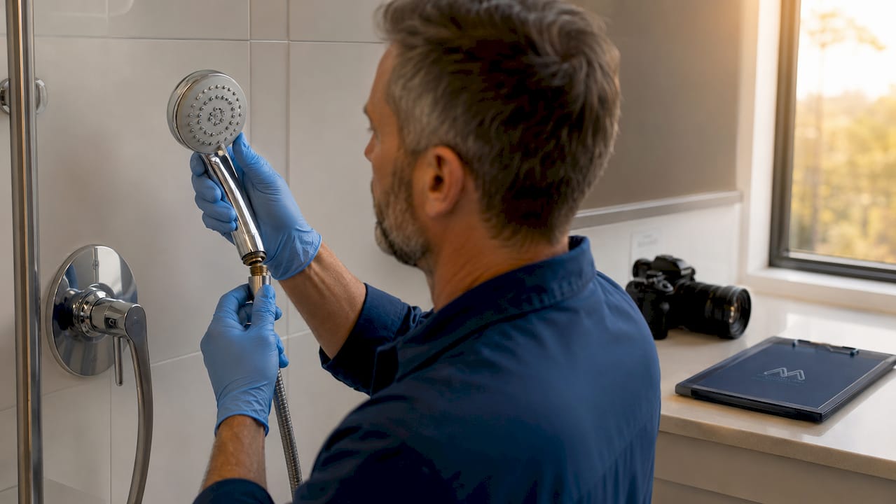 Technician inspecting and photographing showerhead condition