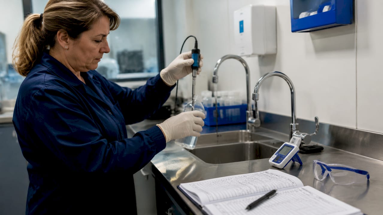 Hands collecting water sample with thermometer and logbook