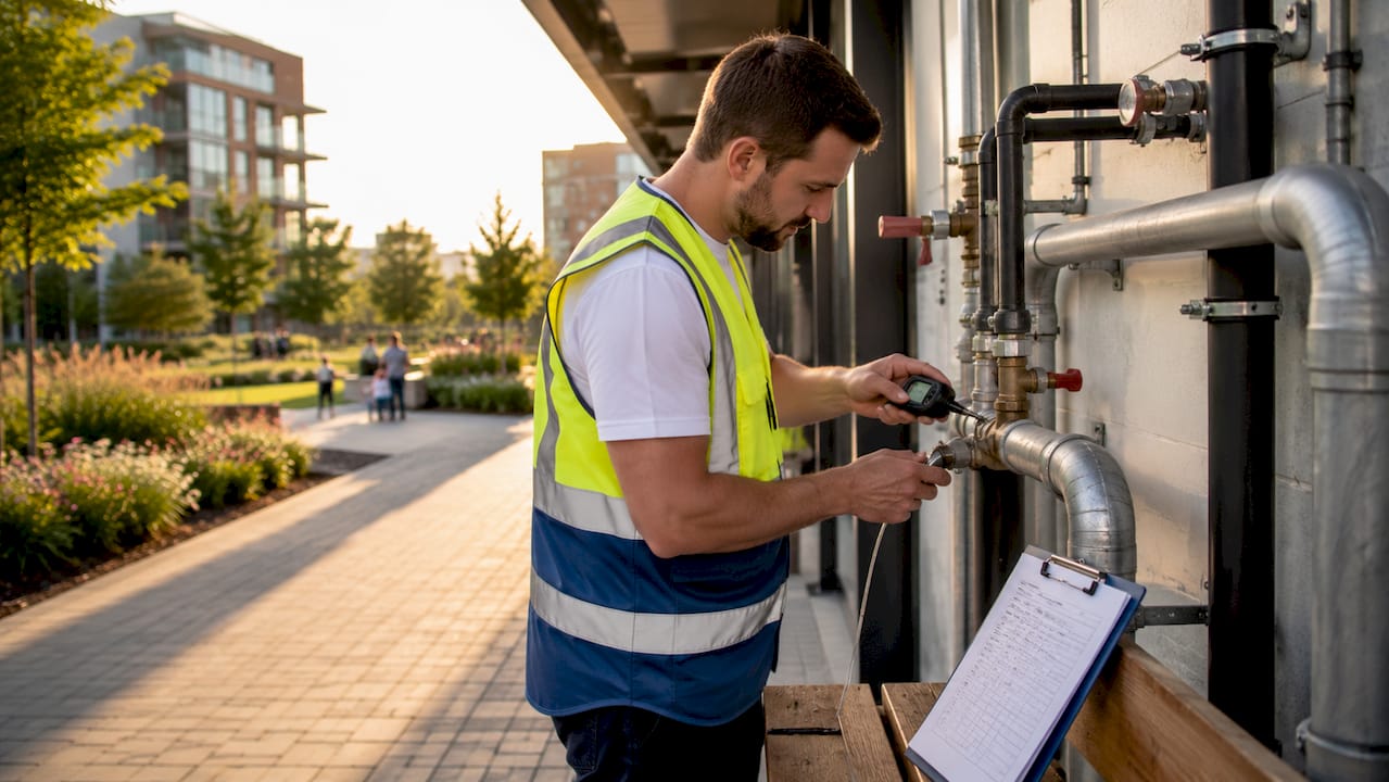 Technician measuring water pipe temperature outdoors