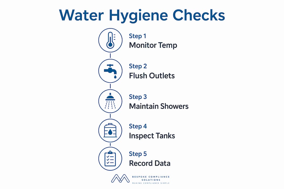 Infographic depicting five steps of water hygiene checks process