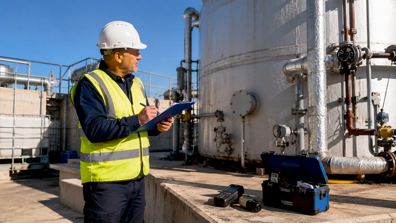 Facilities manager inspecting large hot water system