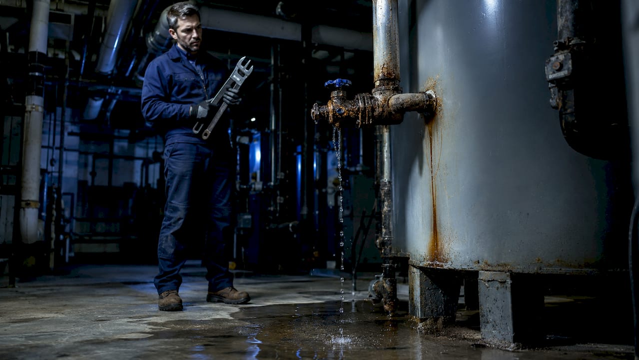Close-up leaking valve on hot water system with wrench
