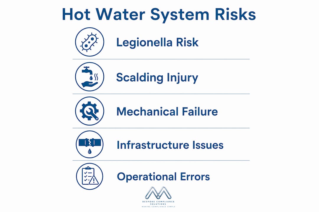Infographic summarizing key risks of large hot water systems