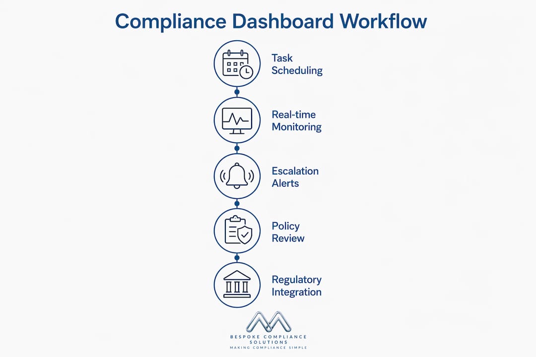 Infographic showing compliance dashboard workflow steps