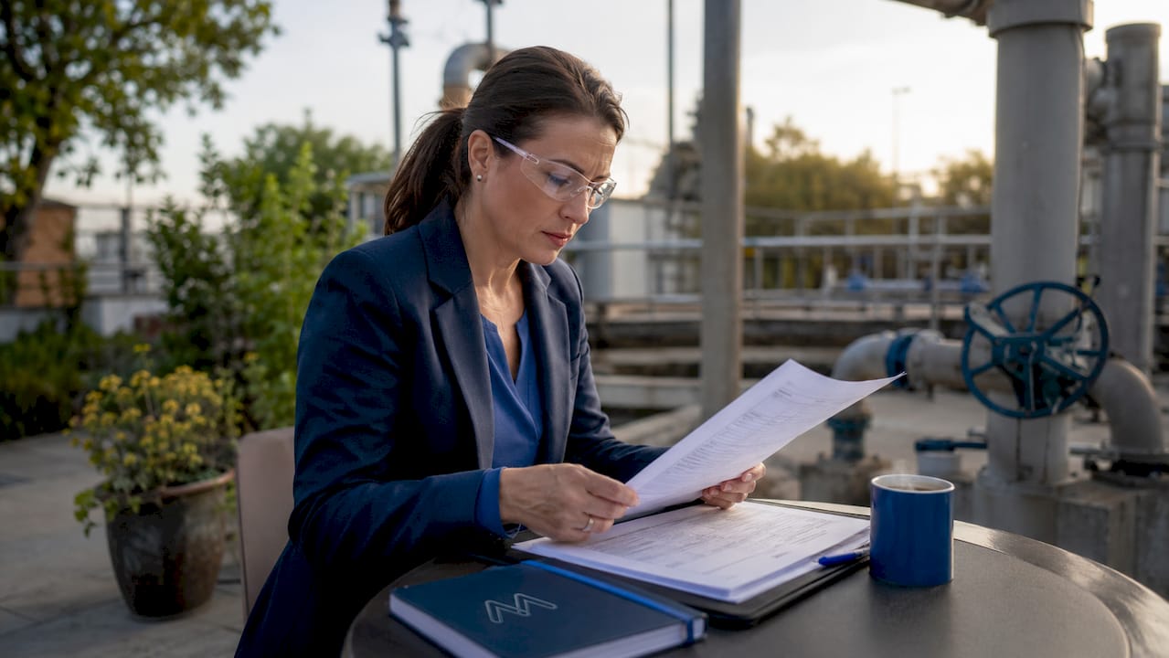 Inspector reviewing water safety documents in plant