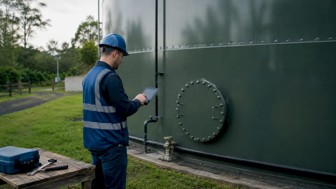 Technician inspecting water storage tank outdoors