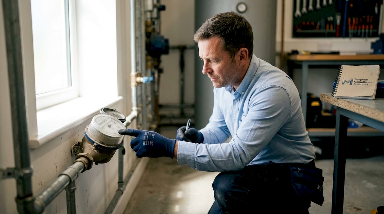 Technician verifying water meter reading in utility closet