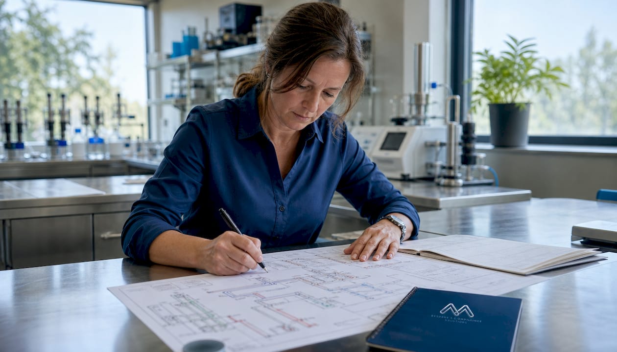 Specialist inspecting water system diagrams in mechanical room