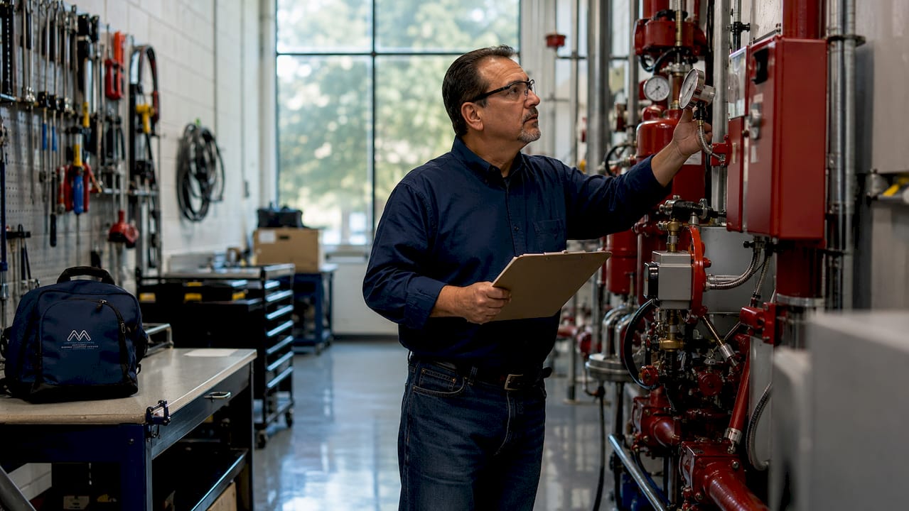 Facility manager inspecting sprinkler system controls