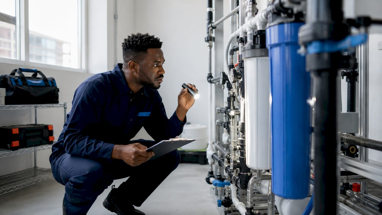 Facilities manager inspecting water system pipes