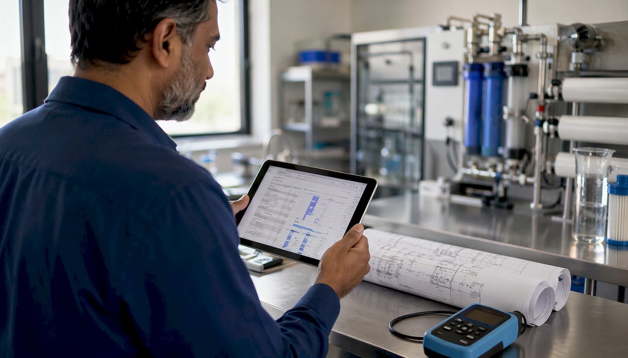 Hands holding tablet near water risk management tools